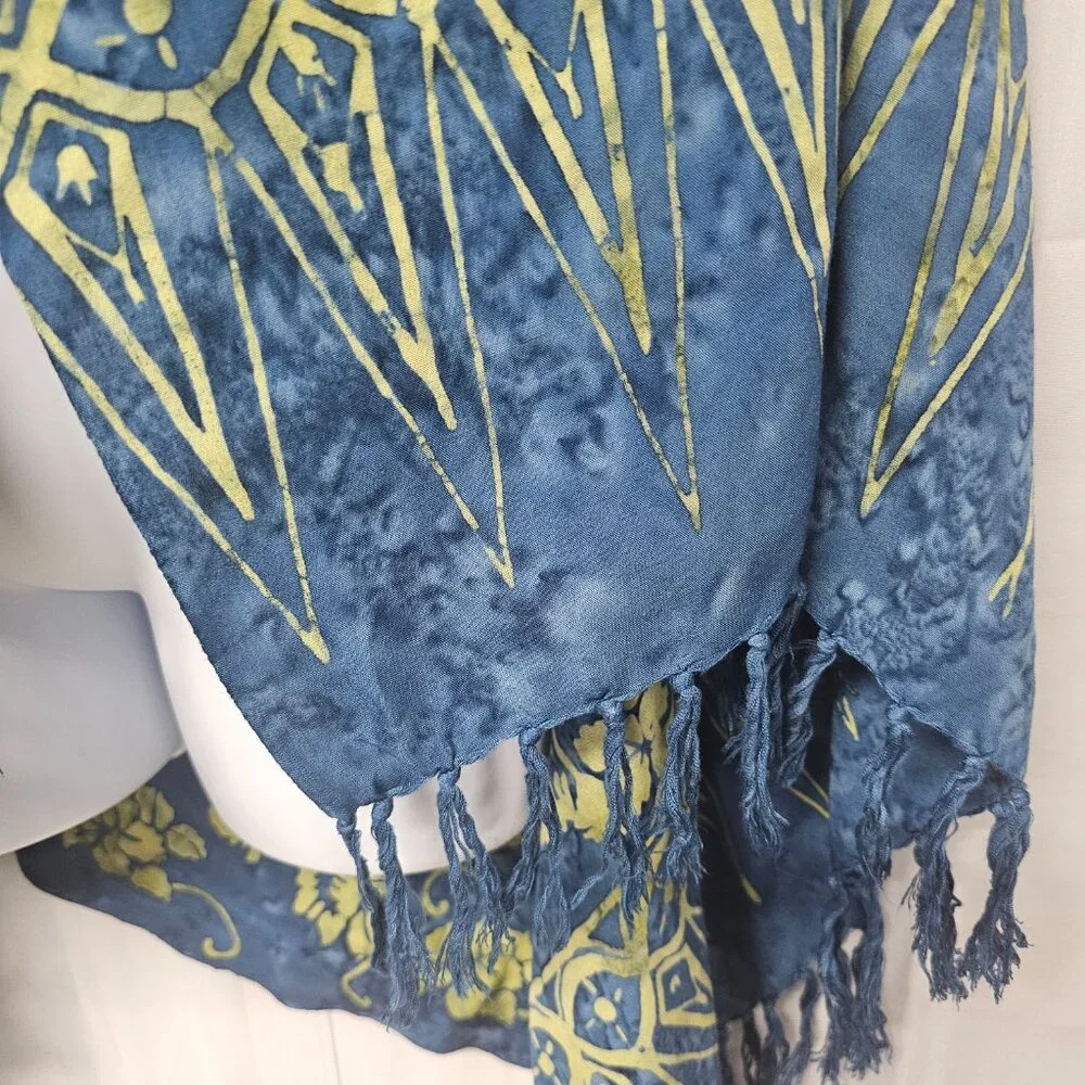 Two Cranes Scarf Shawl Wrap Batik Boho Floral Fringed Blue Green